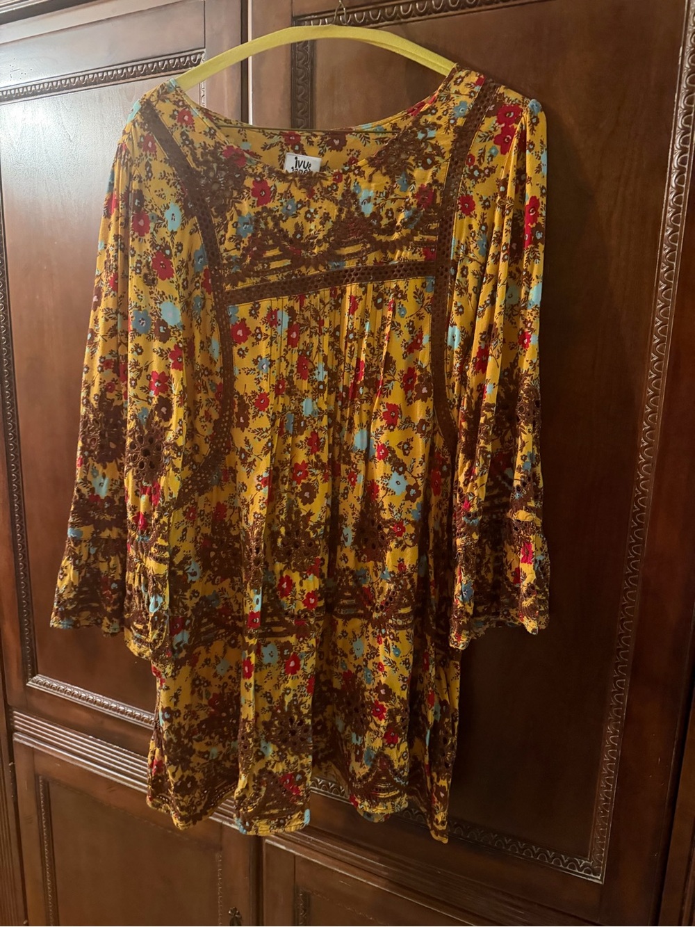 Boho Floral Mustard Tunic with Red & Light Blue Accents